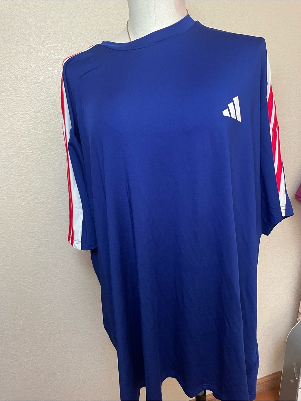 adidas Blue Short Sleeve Tee with Red & White Sleeve Stripes